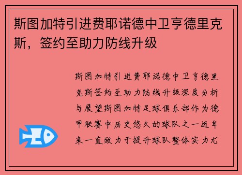 斯图加特引进费耶诺德中卫亨德里克斯，签约至助力防线升级