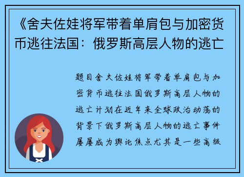 《舍夫佐娃将军带着单肩包与加密货币逃往法国：俄罗斯高层人物的逃亡计划》