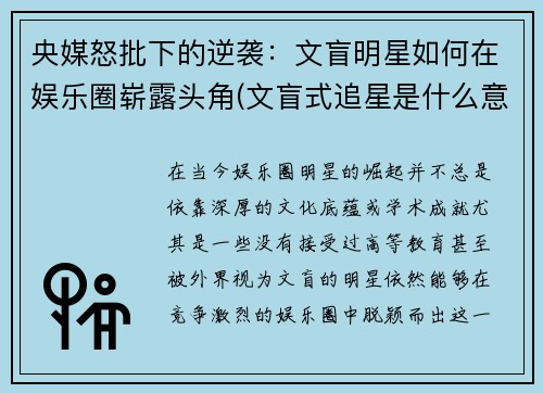 央媒怒批下的逆袭：文盲明星如何在娱乐圈崭露头角(文盲式追星是什么意思)