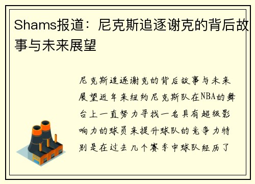 Shams报道：尼克斯追逐谢克的背后故事与未来展望