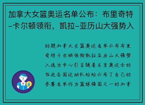 加拿大女篮奥运名单公布：布里奇特-卡尔顿领衔，凯拉-亚历山大强势入选
