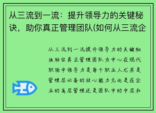 从三流到一流：提升领导力的关键秘诀，助你真正管理团队(如何从三流企业上升到二流企业)