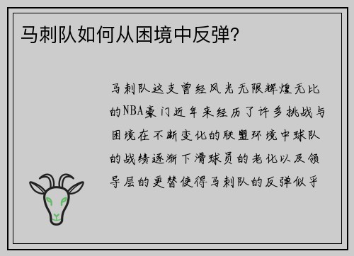 马刺队如何从困境中反弹？