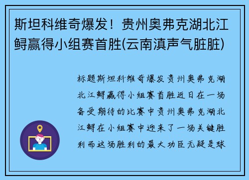 斯坦科维奇爆发!贵州奥弗克湖北江鲟赢得小组赛首胜(云南滇声气脏脏) 斯坦科维奇爆发!贵州奥弗克湖北江鲟赢得小组赛首胜(云南滇声气脏脏)