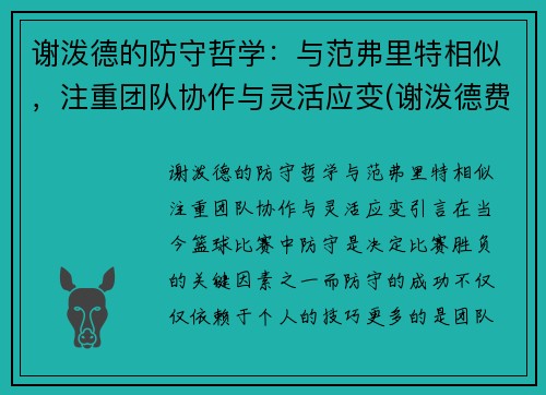 谢泼德的防守哲学:与范弗里特相似,注重团队协作与灵活应变(谢泼德费尔雷)