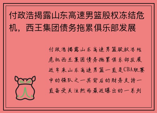 付政浩揭露山东高速男篮股权冻结危机，西王集团债务拖累俱乐部发展